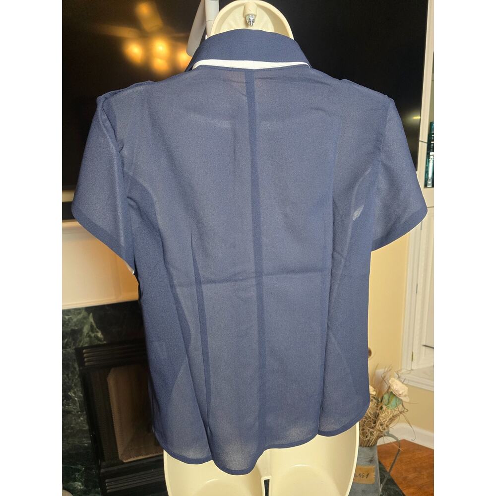 Tulip B Medium Navy Ivory Tie Neck Flutter Sleeve Button Front Blouse NWT - Picture 3 of 7